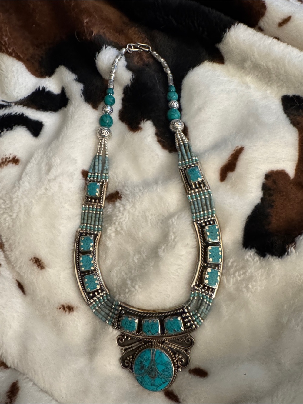 Real Turquoise Statement Bib Necklace - alpaca metal Women Jewelry